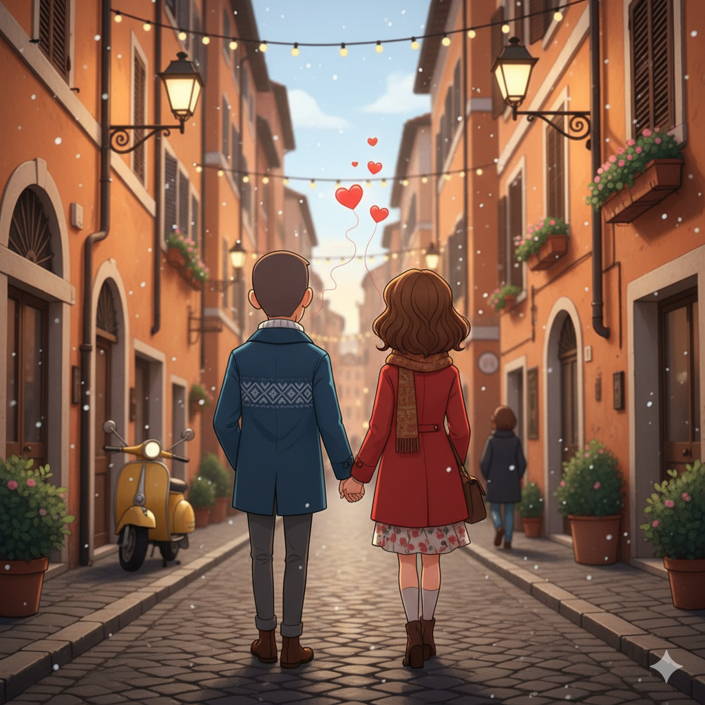 Coppia romantica passeggia tra i vicoli di Trastevere a Roma in febbraio